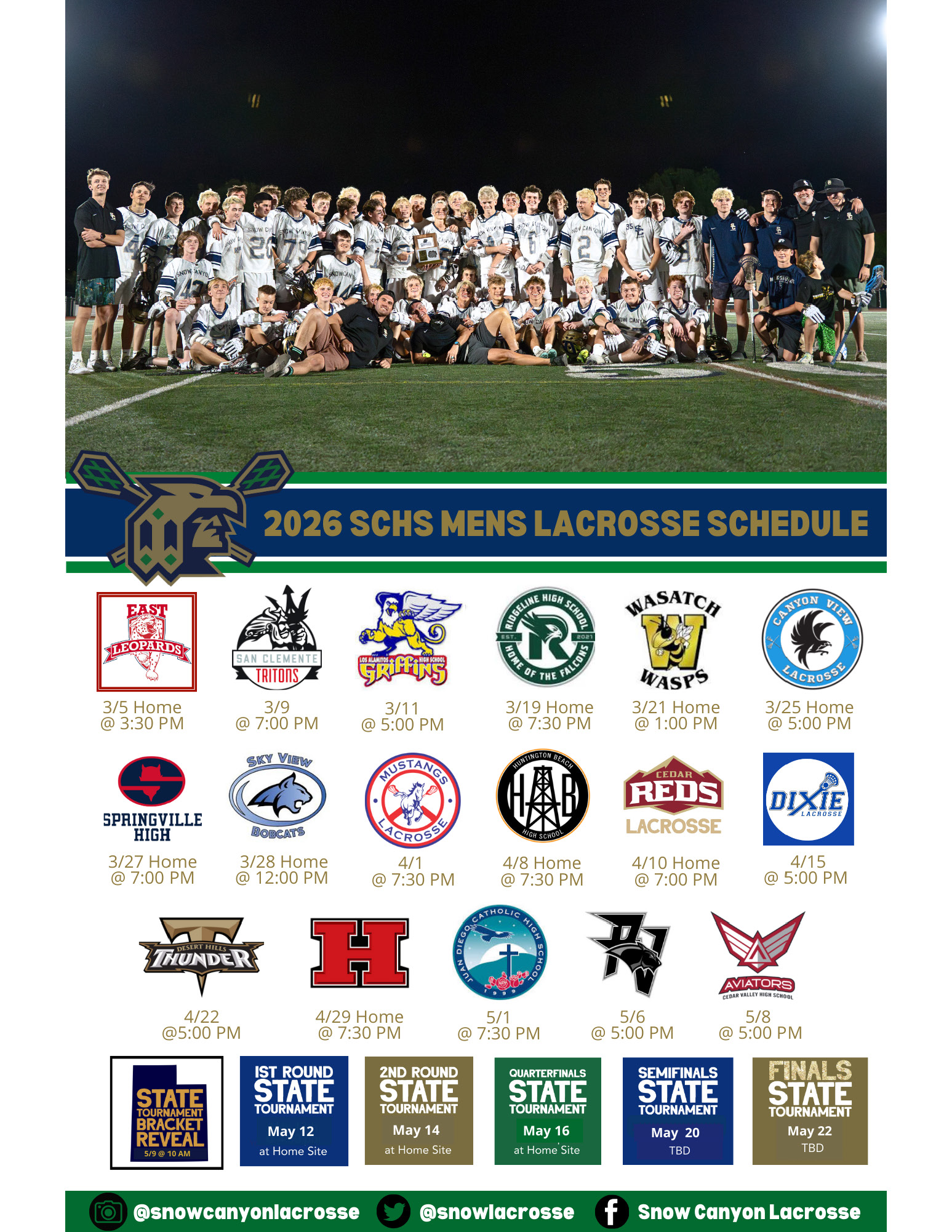 Picture of Lacrosse team running with warrior flag